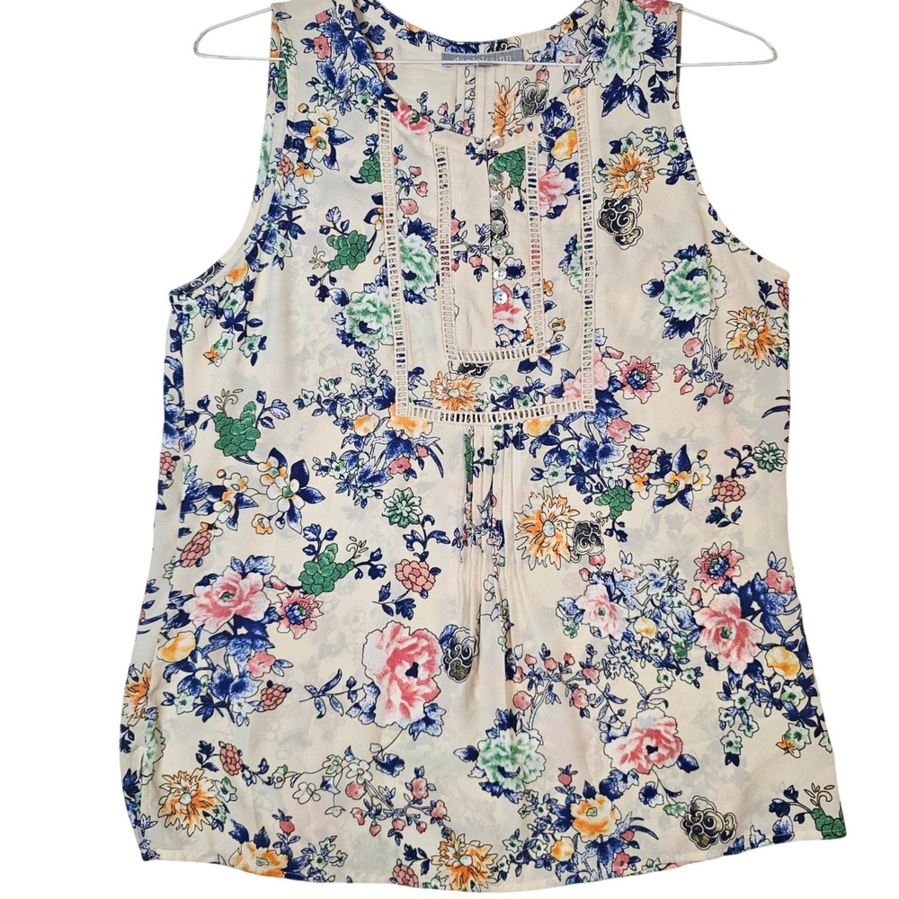 Daniel Rainn Floral Sleeveless Blouse Cream Lace Trim Pleated Top Medium